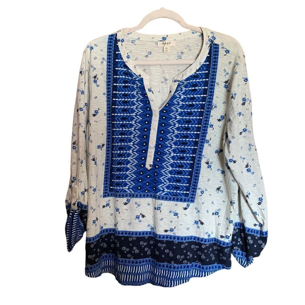 Style & Co Womens Plus Size XXL Multicolor Boho Stretch Tab Sleeve Blouse